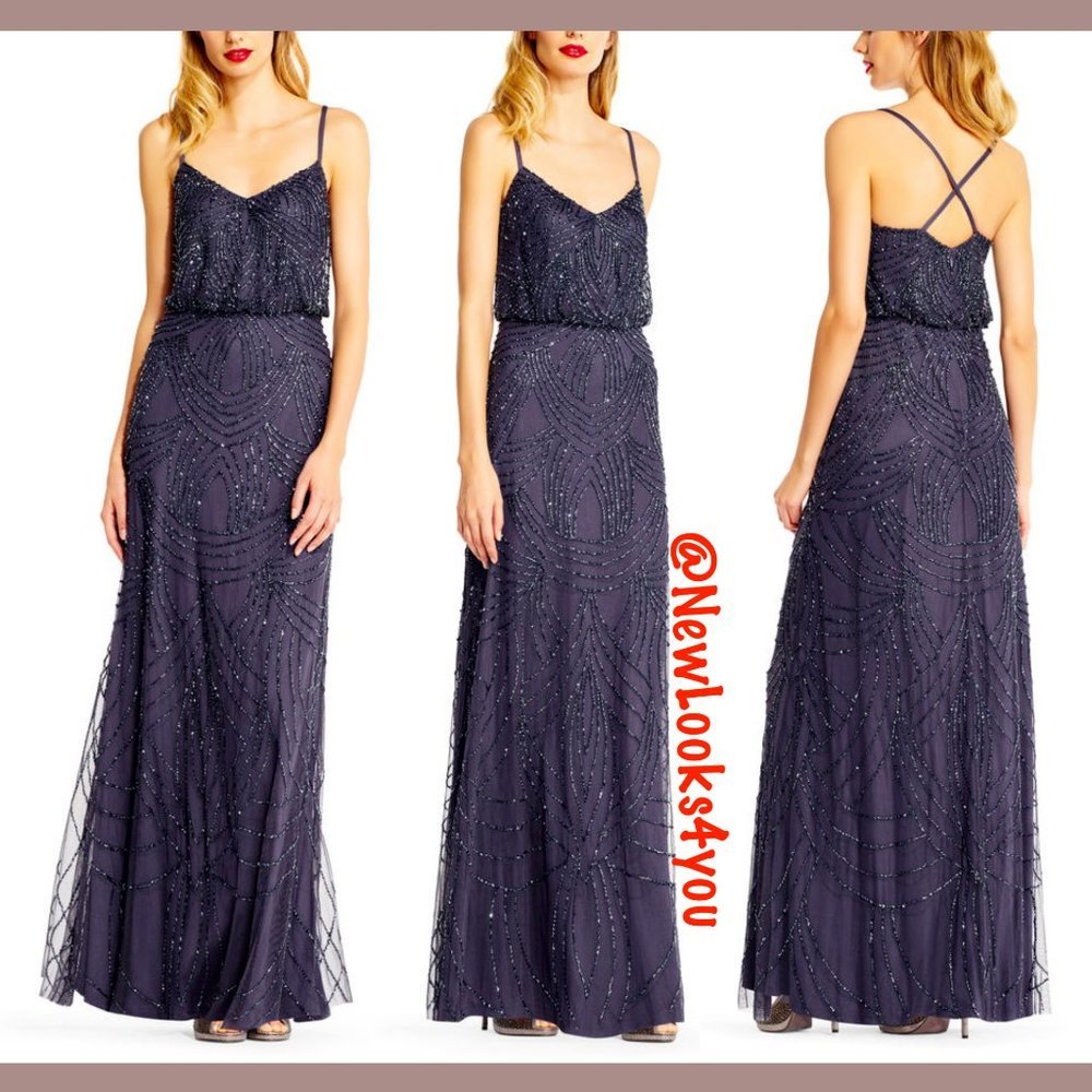 NEW Adrianna Papell Beaded Chiffon Blouson Gown in Gunmetal [ SIZE: 6 12 14  ]‎